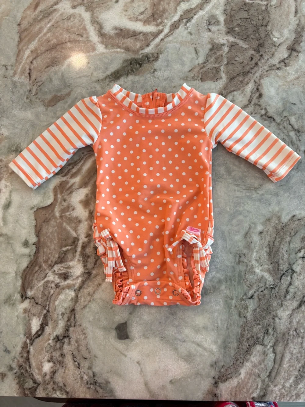 Ruffle Butts Swimsuit Baby Girls Polka-Dot Long Sleeve One Piece Rash Guard 0-3M